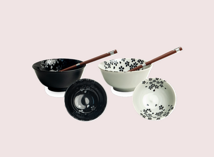 EDO Udon-Bowl Set ZWART/WIT BLOESEM